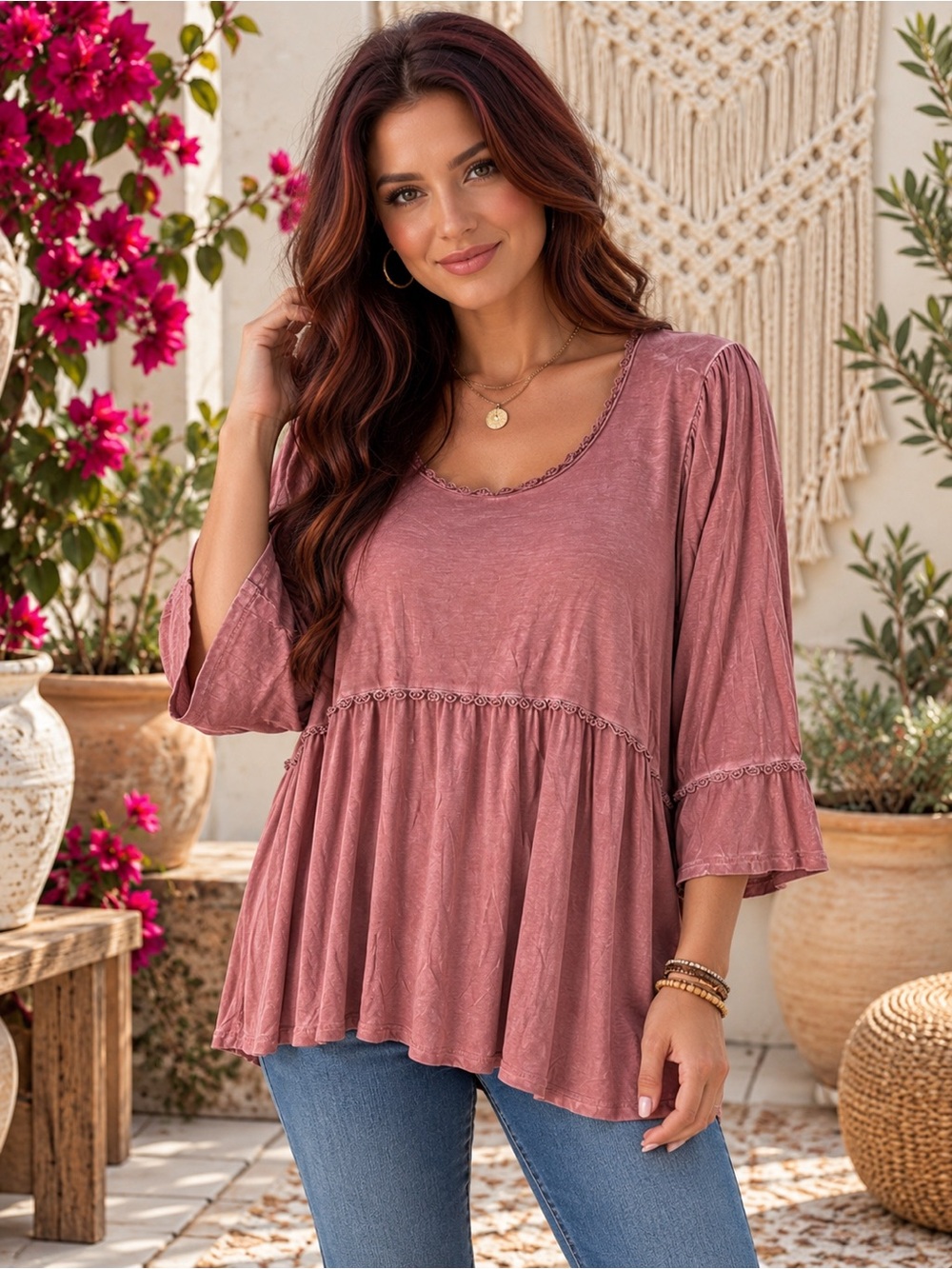 106 NWT POL Mauve Scoop-Neck Ruffle Trim Tunic Size Medium
